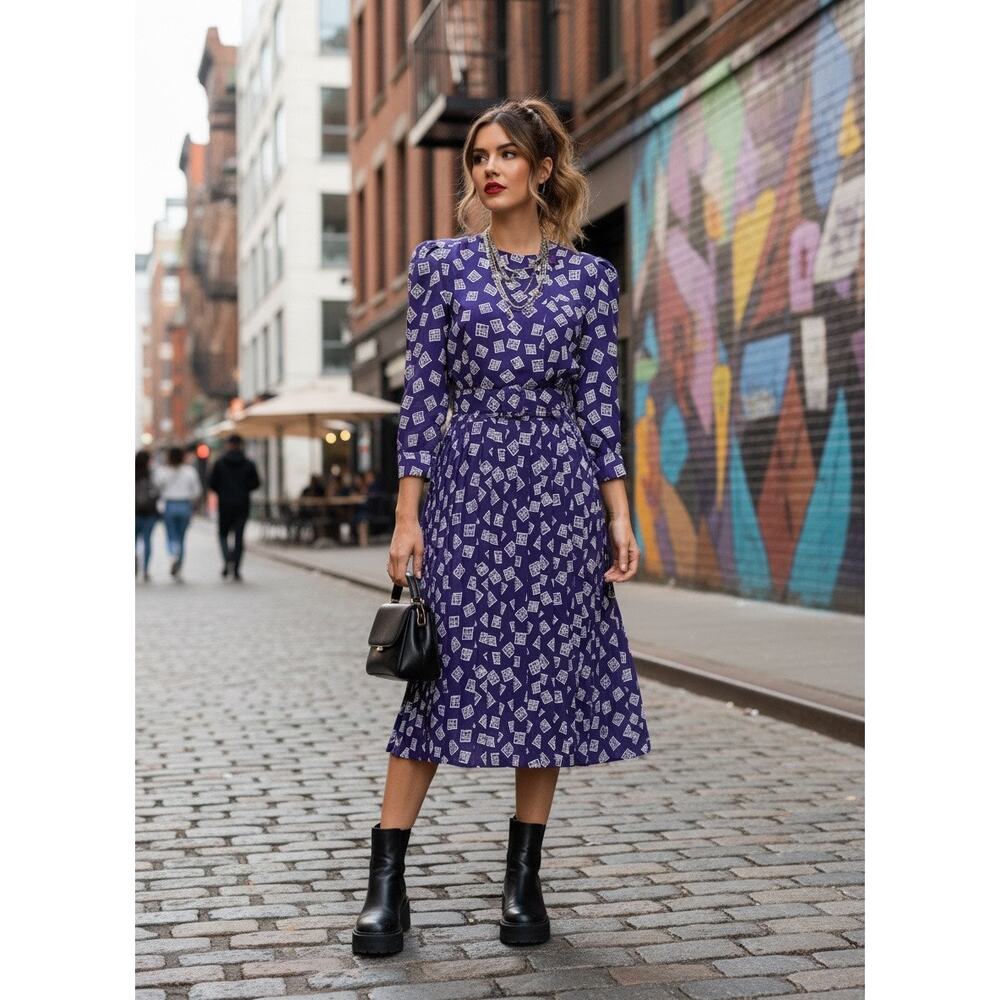 Vintage 80s Liz Petites Purple Geometric Belted Dress
